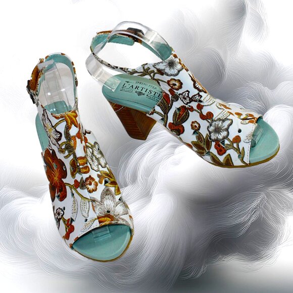 L’Artiste Spring Step White Brown Multi Tapestry Leather Sling Back, 40 … - Picture 1 of 9